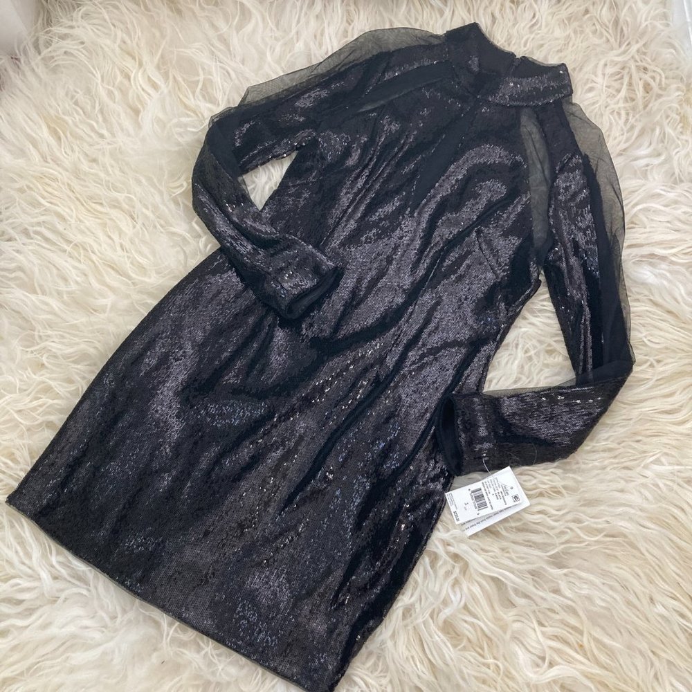 Aidan By Aidan Mattox Sequin & Mesh Inset Mock-Neck Long-Sleeve - Picture 2 of 13
